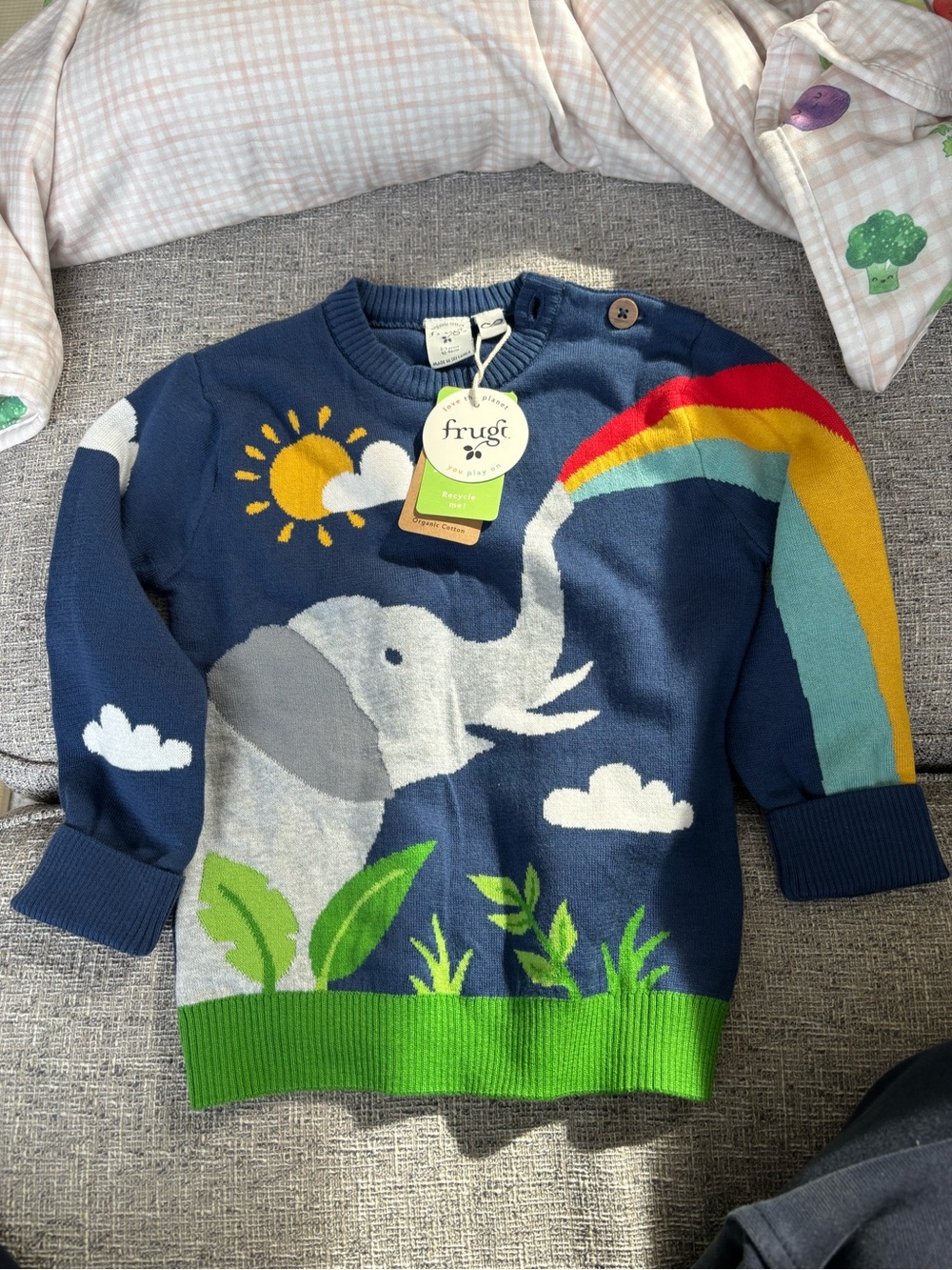 Frugi Navy Elephant & Rainbow Knit Sweater for Kids